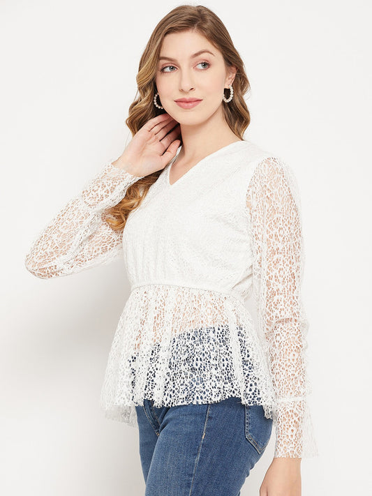 White Coloured with V neck full sleeves Women Party/Daily wear Western Peplum Lace Top!!
