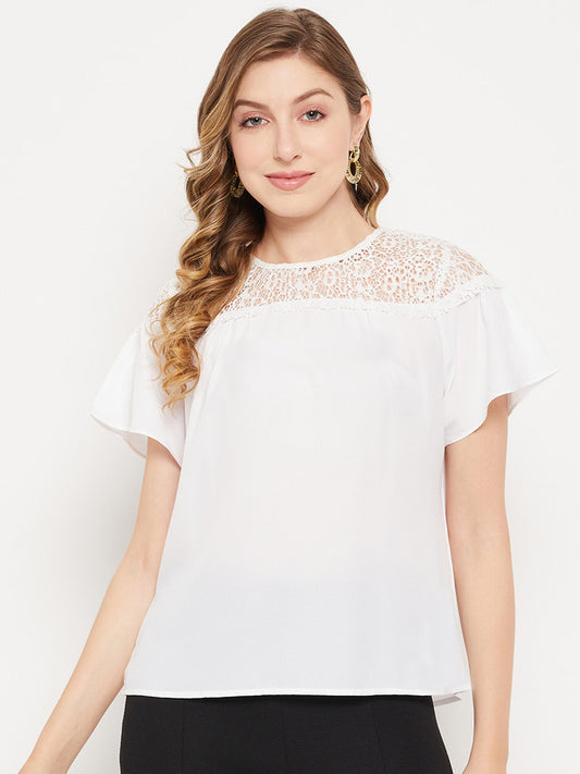 White Coloured with round neck short puff sleeves Women Party/Daily wear Western Blouson Top!!