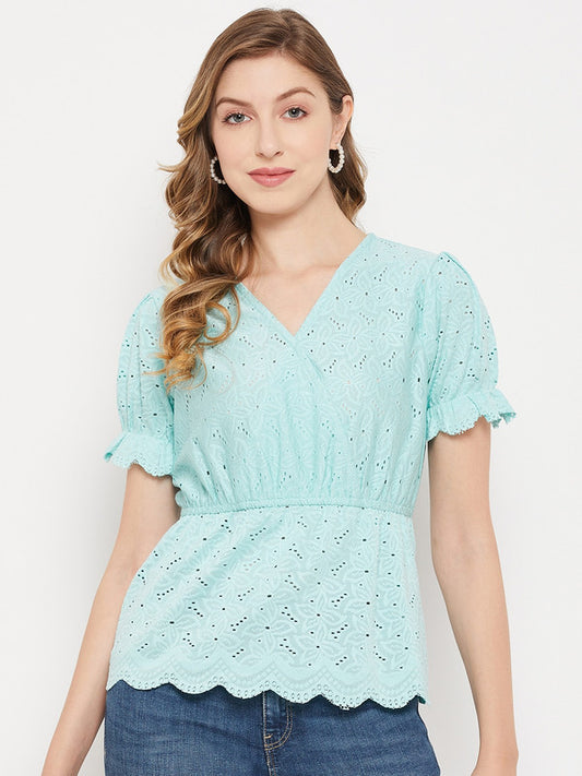 Light Blue Coloured with round neck short puff sleeves Women Party/Daily wear Western Peplum Wrap Top!!