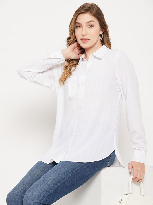 White Coloured with solid oversize shirt spread collar long cuffed sleeves Women Party/Daily wear Western Longline Shirt Top!!