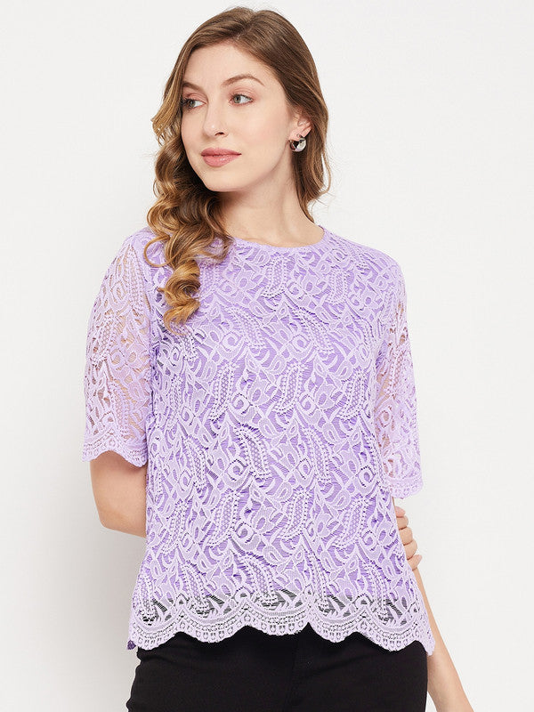 Lavender Coloured with self design round neck short sleeves attach lining Women Party/Daily wear Western Lace Top!!