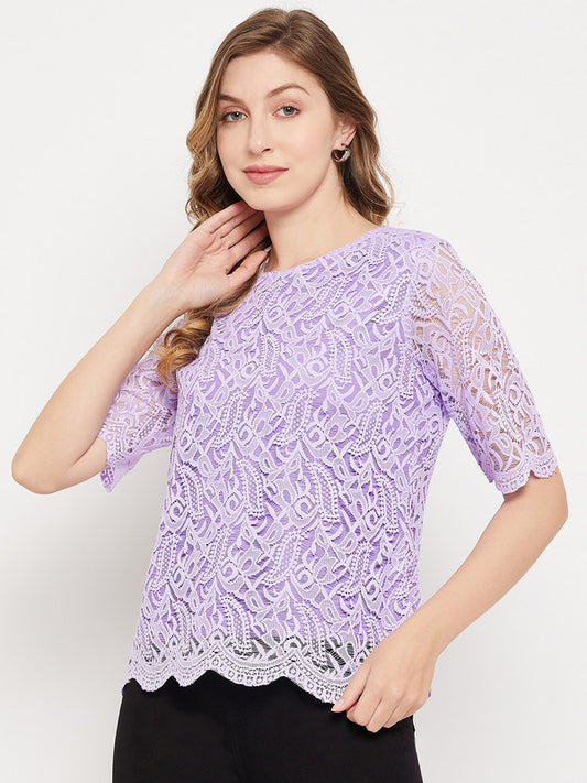 Lavender Coloured with self design round neck short sleeves attach lining Women Party/Daily wear Western Lace Top!!