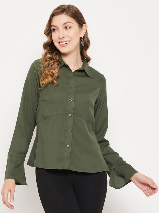 Olive Coloured with spread collar long bell sleeves button down closure Women Party/Daily wear Western Shirt Sleeves Top!!