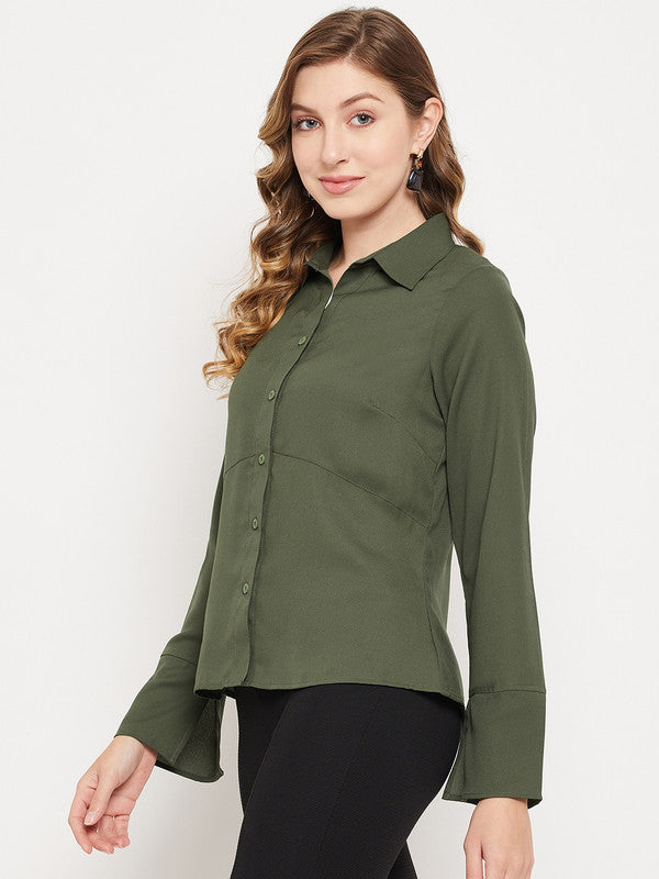 Olive Coloured with spread collar long bell sleeves button down closure Women Party/Daily wear Western Shirt Sleeves Top!!