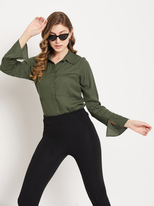 Olive Coloured with spread collar long bell sleeves button down closure Women Party/Daily wear Western Shirt Sleeves Top!!