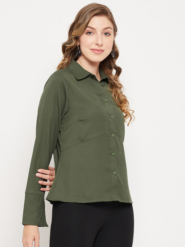 Olive Coloured with spread collar long bell sleeves button down closure Women Party/Daily wear Western Shirt Sleeves Top!!