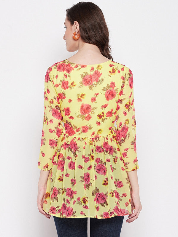 Yellow Coloured with round neck has three quater sleeves Women Party/Daily wear Western Printed Gorgette Top!!