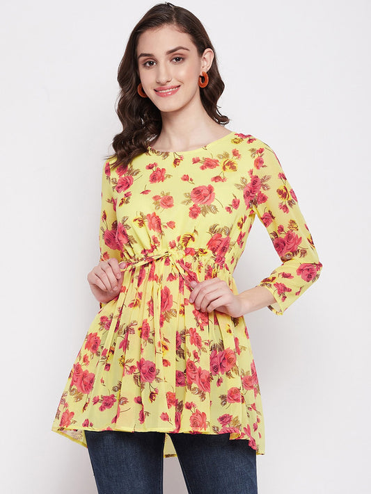 Yellow Coloured with round neck has three quater sleeves Women Party/Daily wear Western Printed Gorgette Top!!