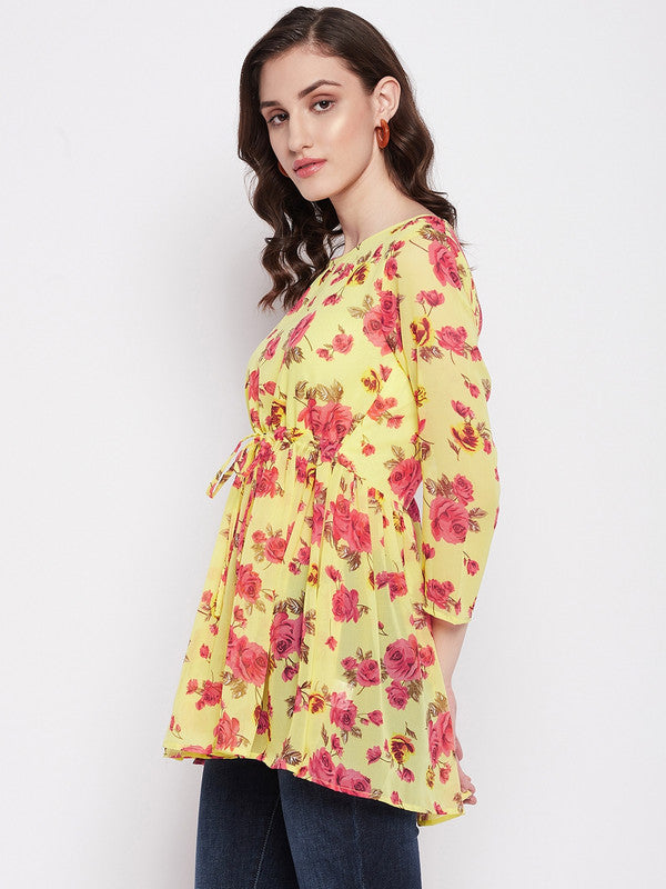 Yellow Coloured with round neck has three quater sleeves Women Party/Daily wear Western Printed Gorgette Top!!