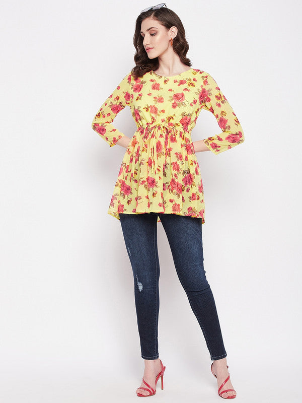 Yellow Coloured with round neck has three quater sleeves Women Party/Daily wear Western Printed Gorgette Top!!