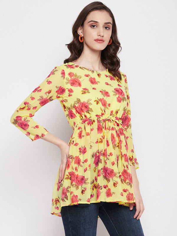 Yellow Coloured with round neck has three quater sleeves Women Party/Daily wear Western Printed Gorgette Top!!