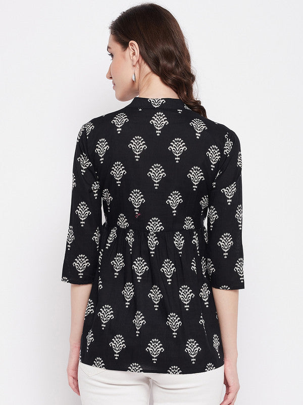 Black Coloured with printed mandarian collar three quarter sleeves Women Party/Daily wear Western Cotton Top!!