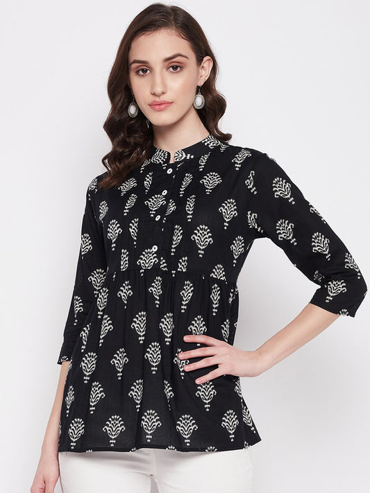 Black Coloured with printed mandarian collar three quarter sleeves Women Party/Daily wear Western Cotton Top!!