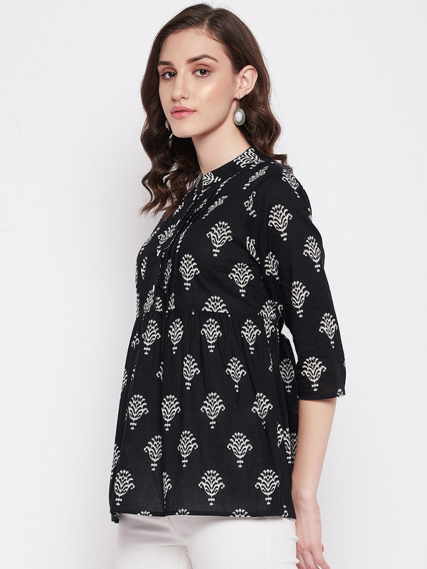 Black Coloured with printed mandarian collar three quarter sleeves Women Party/Daily wear Western Cotton Top!!