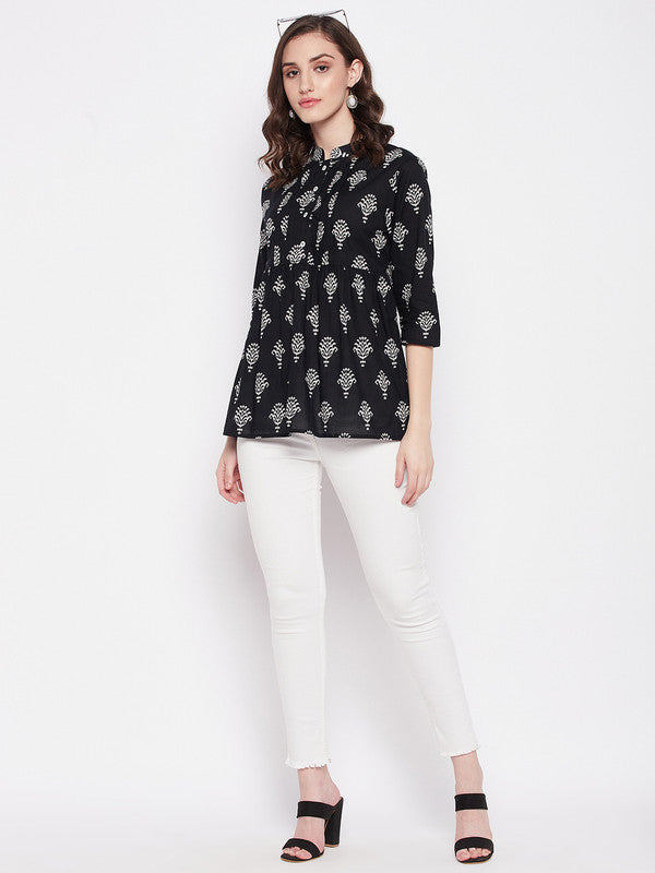 Black Coloured with printed mandarian collar three quarter sleeves Women Party/Daily wear Western Cotton Top!!