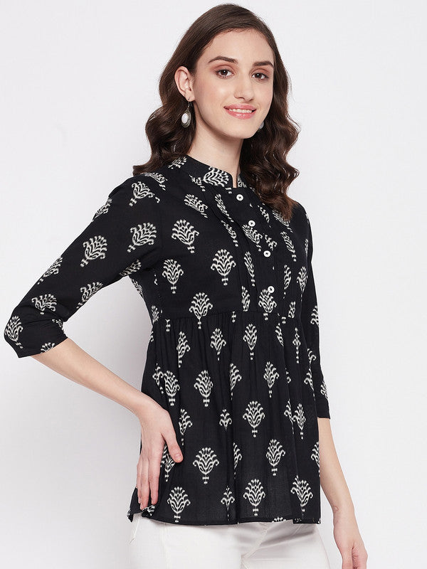 Black Coloured with printed mandarian collar three quarter sleeves Women Party/Daily wear Western Cotton Top!!