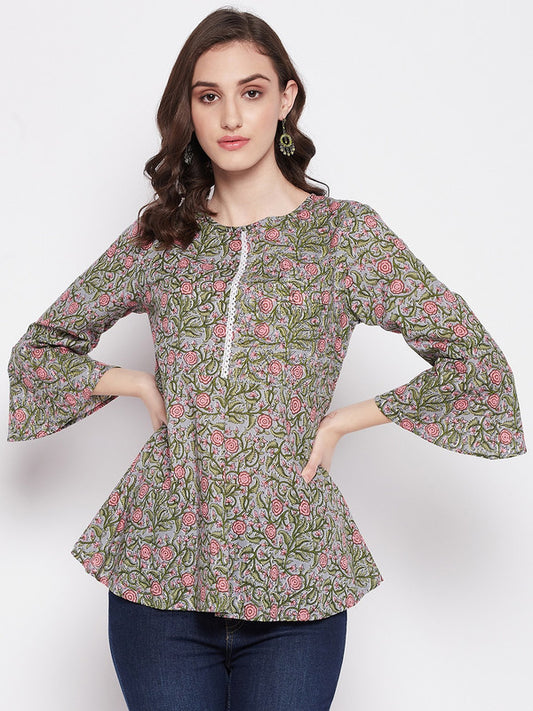 Multi Coloured with printed round collar three quarter bell sleeves Women Party/Daily wear Western Cotton Top!!