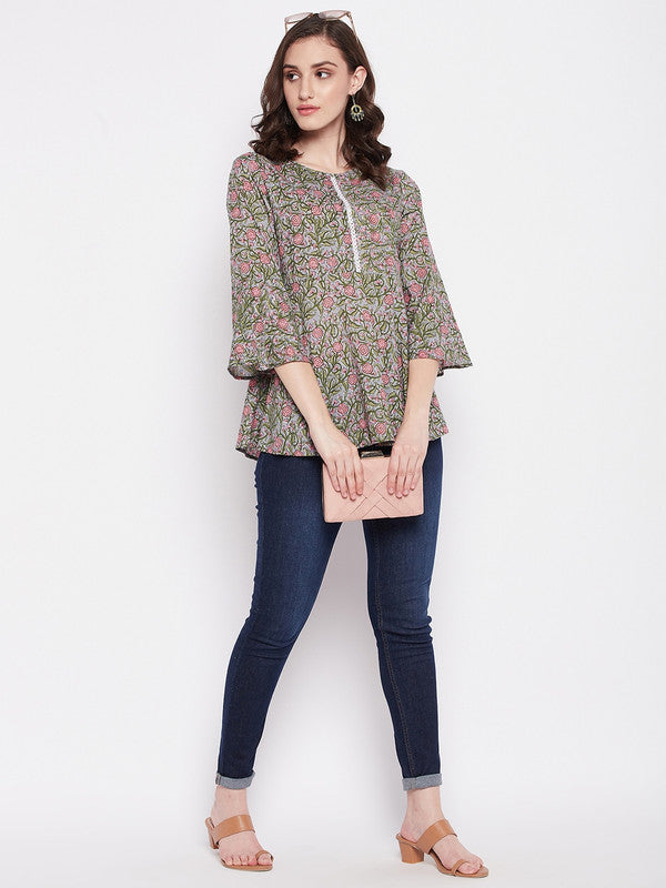 Multi Coloured with printed round collar three quarter bell sleeves Women Party/Daily wear Western Cotton Top!!