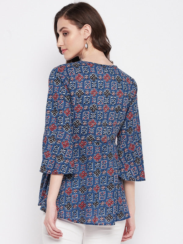 Blue Coloured with printed round collar three quarter bell sleeves Women Party/Daily wear Western Cotton Top!!