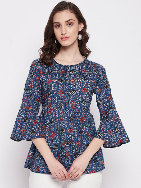 Blue Coloured with printed round collar three quarter bell sleeves Women Party/Daily wear Western Cotton Top!!