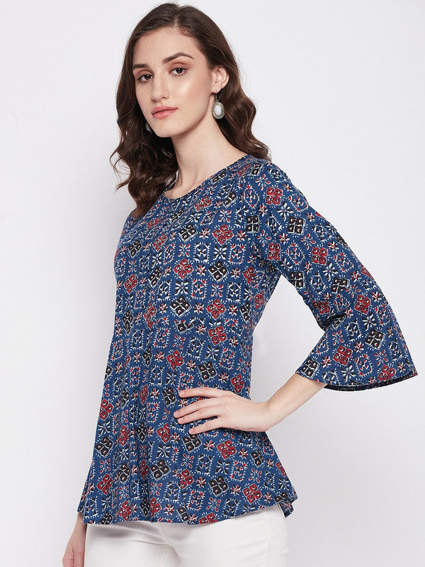 Blue Coloured with printed round collar three quarter bell sleeves Women Party/Daily wear Western Cotton Top!!