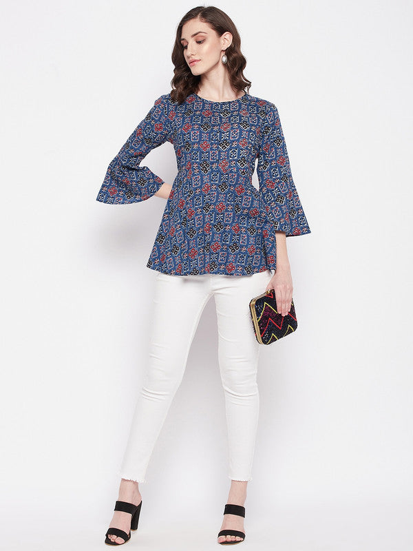 Blue Coloured with printed round collar three quarter bell sleeves Women Party/Daily wear Western Cotton Top!!