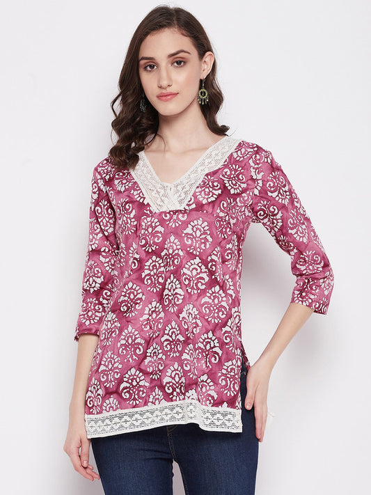 Pink Coloured with printed V neck three quarter sleeves Women Party/Daily wear Western Cotton Top!!
