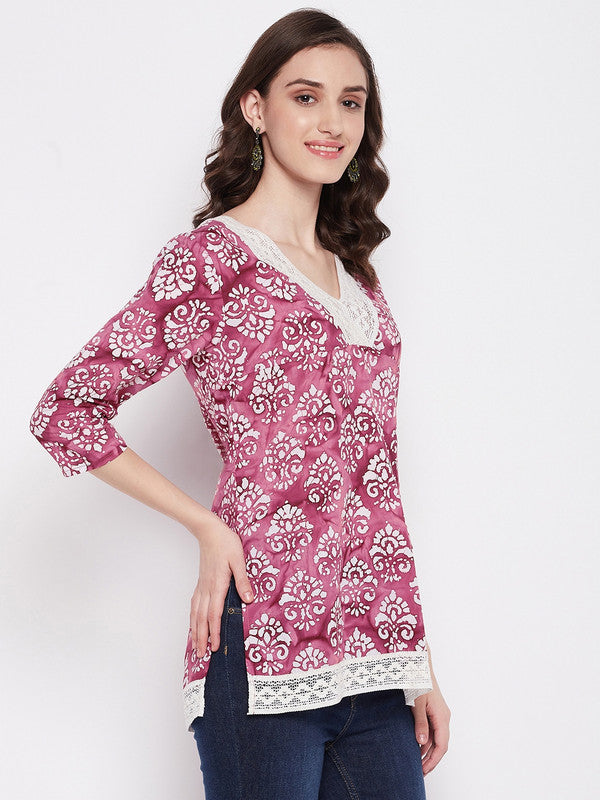 Pink Coloured with printed V neck three quarter sleeves Women Party/Daily wear Western Cotton Top!!