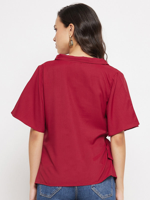 Maroon Coloured with solid side knot detailing short sleeves Women Party/Daily wear Western Cowl Neck Top!!