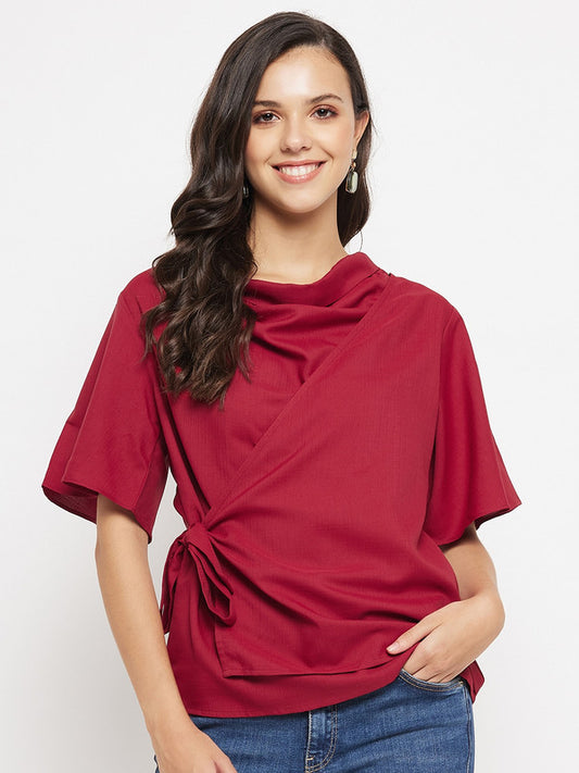 Maroon Coloured with solid side knot detailing short sleeves Women Party/Daily wear Western Cowl Neck Top!!