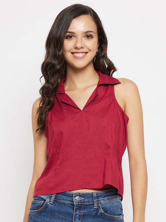 Maroon Coloured with cotton solid spread collar sleeveless Women Party/Daily wear Western Crop Top!!