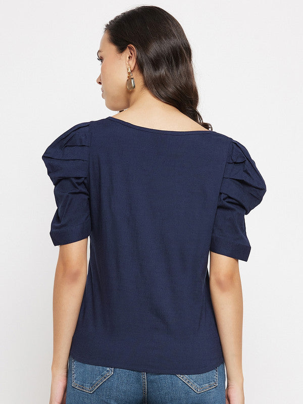 Blue Coloured with cotton solid round neck short puff sleeves Women Party/Daily wear Western Solid Top!!