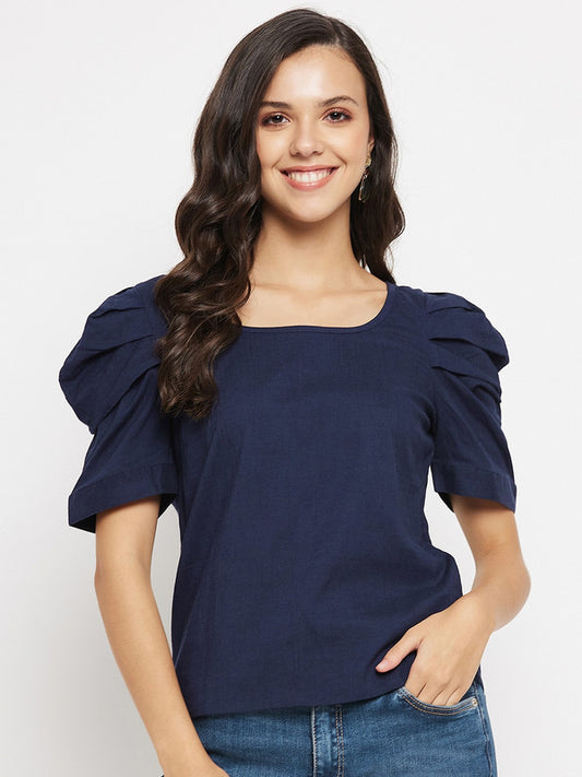 Blue Coloured with cotton solid round neck short puff sleeves Women Party/Daily wear Western Solid Top!!