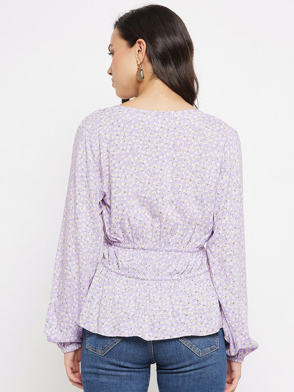 Lilac Coloured with V neck full sleeves Women Party/Daily wear Western Printed Wrap Top!!