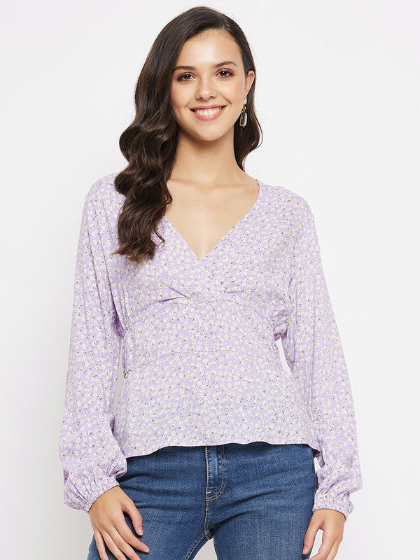 Lilac Coloured with V neck full sleeves Women Party/Daily wear Western Printed Wrap Top!!