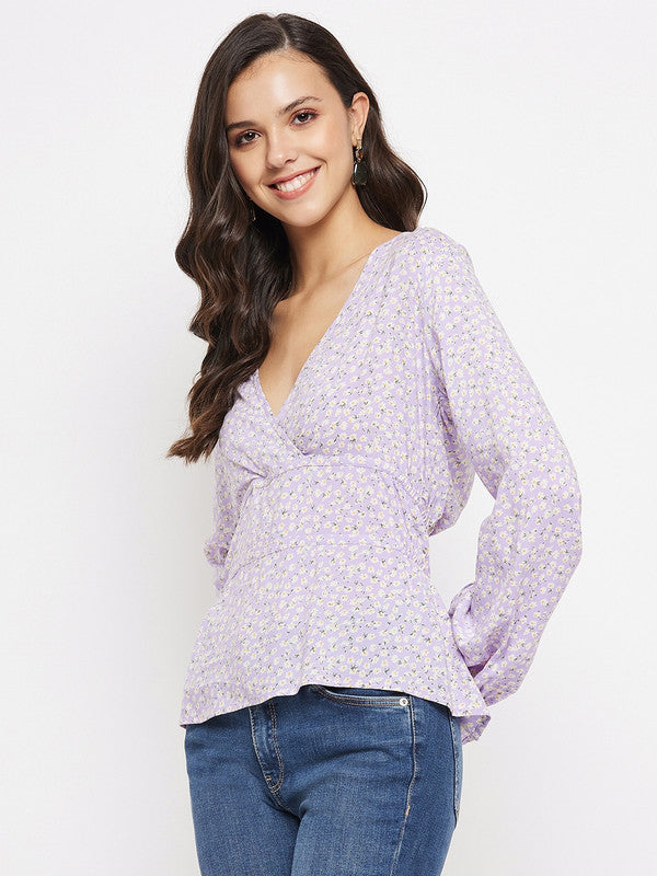 Lilac Coloured with V neck full sleeves Women Party/Daily wear Western Printed Wrap Top!!