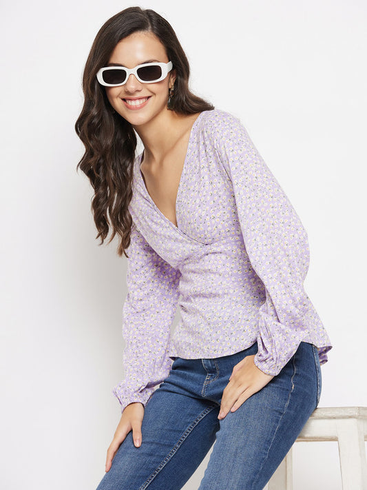 Lilac Coloured with V neck full sleeves Women Party/Daily wear Western Printed Wrap Top!!