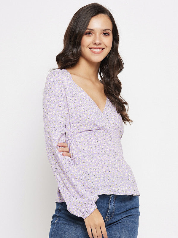 Lilac Coloured with V neck full sleeves Women Party/Daily wear Western Printed Wrap Top!!