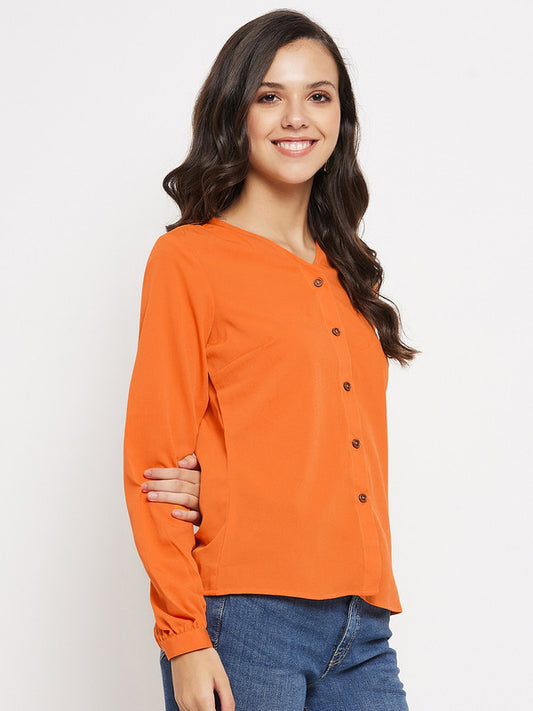 Rust Coloured with solid V neck long puff sleeves front button down closure Women Party/Daily wear Western Shirt Style Top!!
