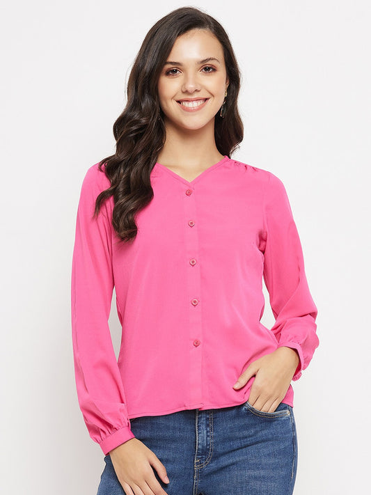 Pink Coloured with solid V neck long puff sleeves front button down closure Women Party/Daily wear Western Shirt Style Top!!