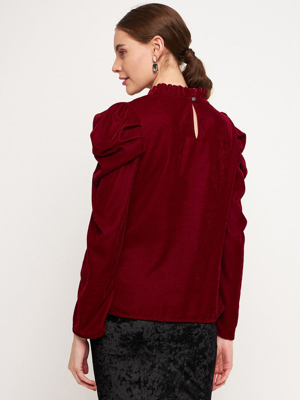 Maroon Coloured with Velvet high neck full sleeves button closure Women Party/Daily wear Western Long Sleeves Solid Top!!