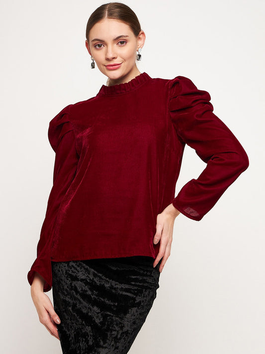 Maroon Coloured with Velvet high neck full sleeves button closure Women Party/Daily wear Western Long Sleeves Solid Top!!