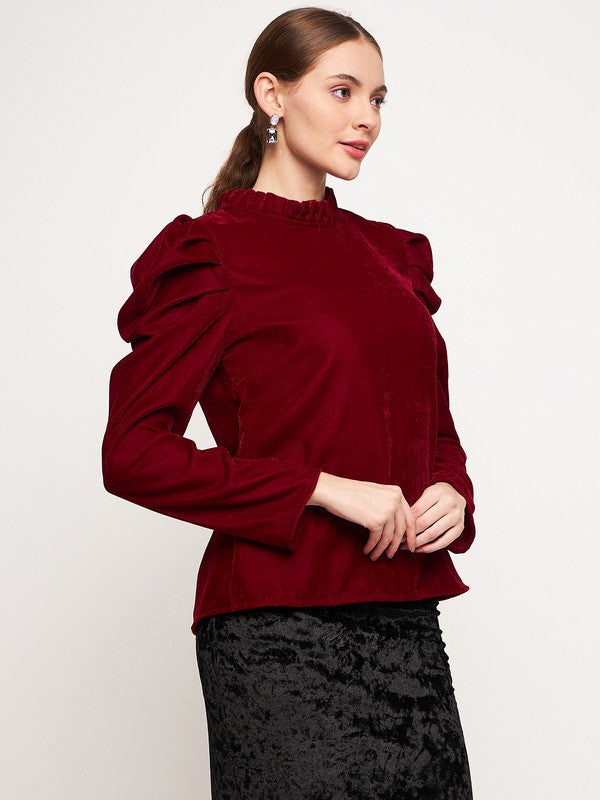 Maroon Coloured with Velvet high neck full sleeves button closure Women Party/Daily wear Western Long Sleeves Solid Top!!