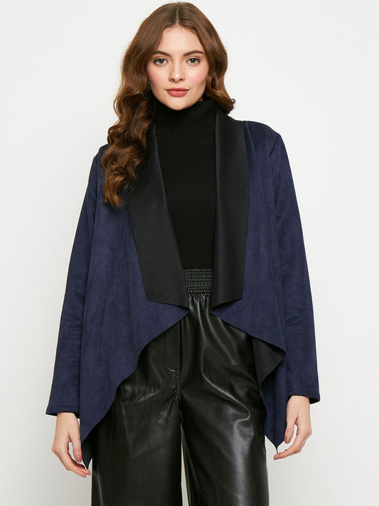 Blue Coloured with suede solid long sleeves straight hem Women Party/Daily wear Waterfall Longline Shrug!!