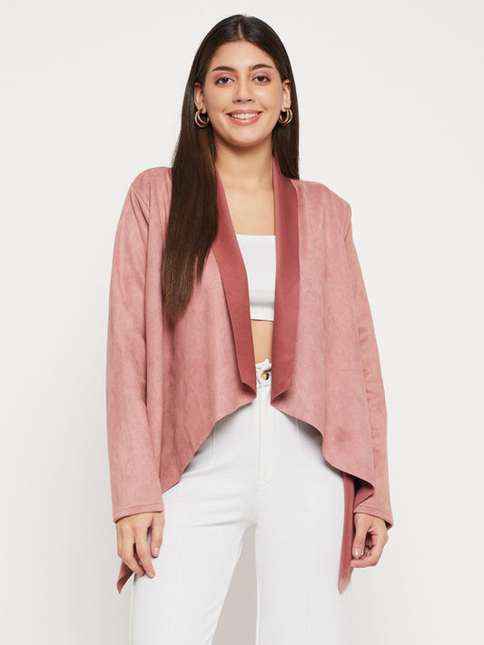 Pink Coloured with suede solid long sleeves straight hem Women Party/Daily wear Waterfall Longline Shrug!!