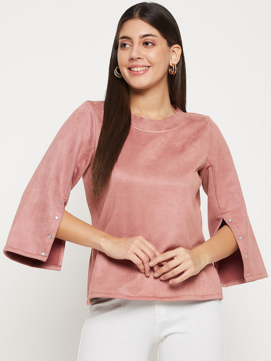 Pink Coloured with suede round neck three-quarter sleeves slit detailing on sleeves Women Party/Daily wear Western Solid Top!!