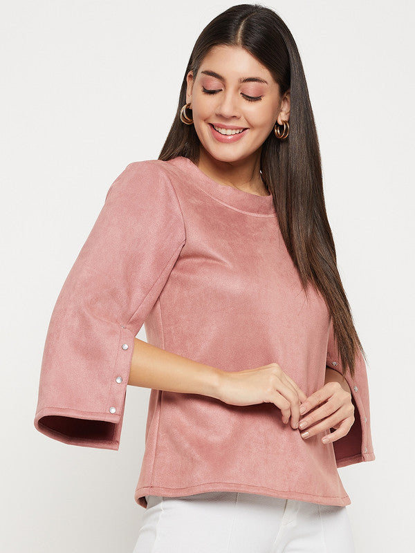 Pink Coloured with suede round neck three-quarter sleeves slit detailing on sleeves Women Party/Daily wear Western Solid Top!!