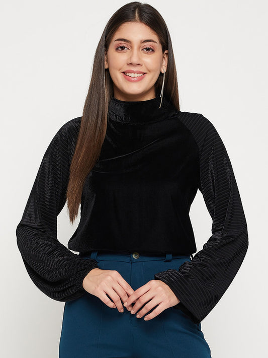 Black Coloured with velvet solid top high neck Women Party/Daily wear Western Raglan Sleeves Top!!