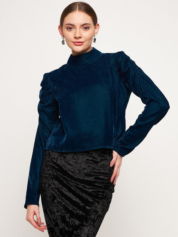 Teal Coloured with velvet solid high neck full sleeves puff sleeves Women Party/Daily wear Western Solid Top!!