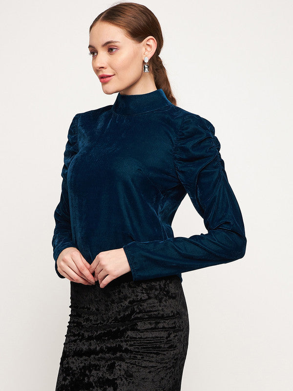 Teal Coloured with velvet solid high neck full sleeves puff sleeves Women Party/Daily wear Western Solid Top!!